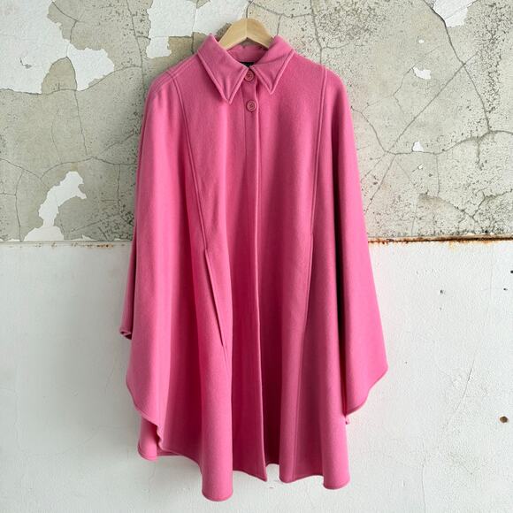 Vtg 90s Cape Coat Pink 100% Wool Swing Overcoat Button Front Poncho Capelet Glam - Picture 1 of 10
